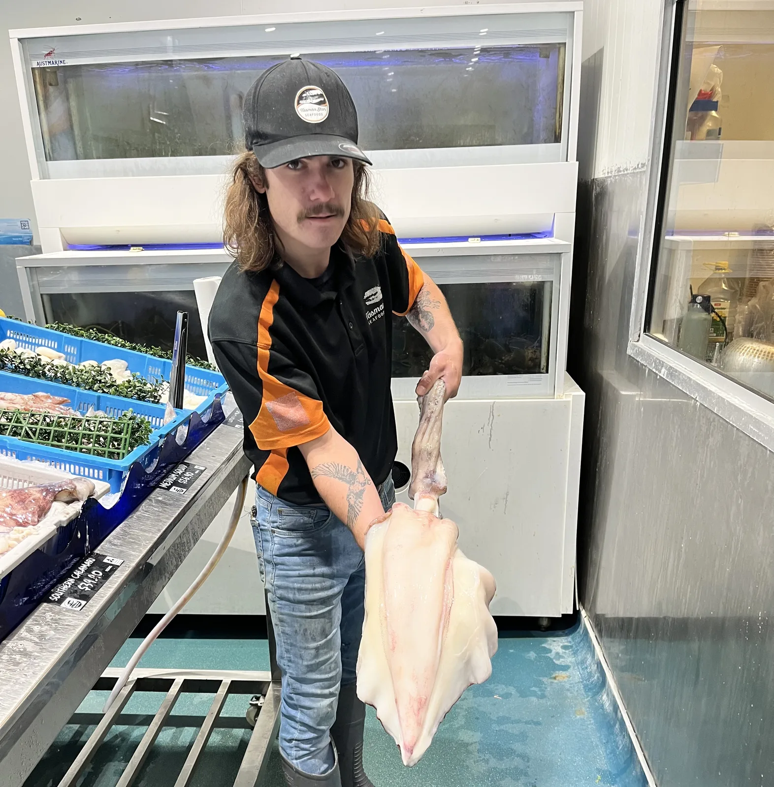 Cleaning fresh calamari by hand, separating the tube, tentacles and quill on a board
